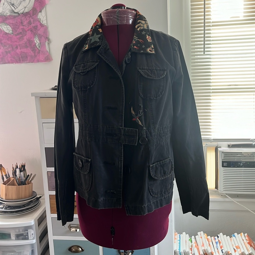 Vintage upcycled jacket with mermaid swallow and scorpion black jacket mossino